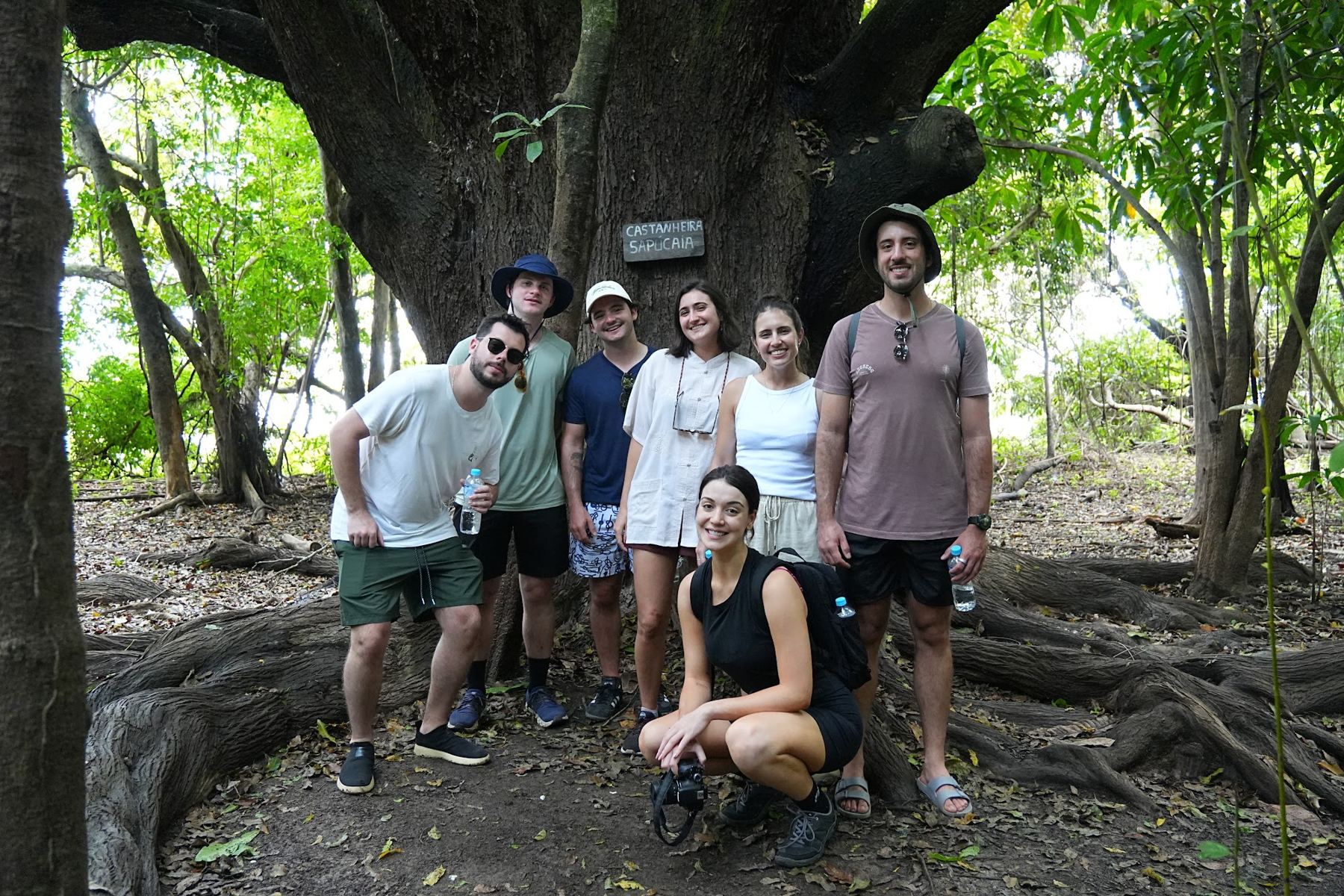 Grupo reunido diante de uma árvore gigante na floresta